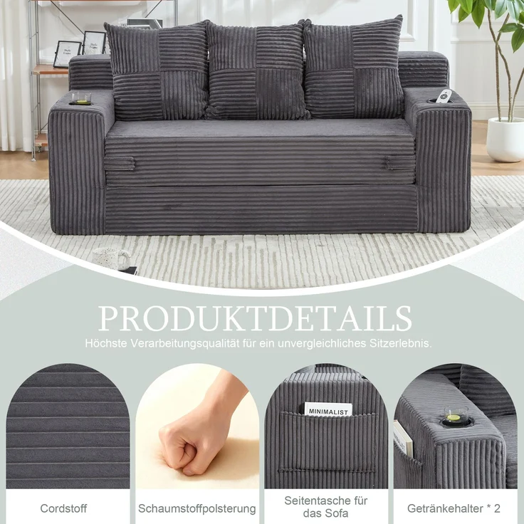 EINHOM Dreier-Sofa aus Baumwoll- und Leinenstoff, mit Getränkehalter und seitlichen Taschen, kann in drei Sitzplätze umgewandelt werden, rahmenloser Design mit gestrickten Kissen und Rückenlehne, großes Sitz – Bild 2