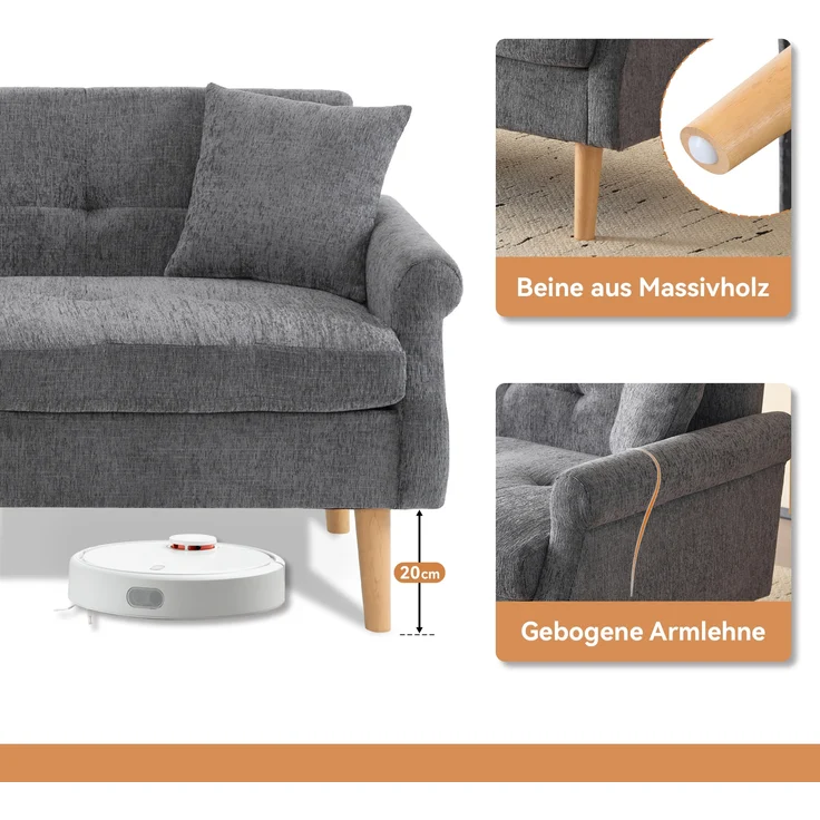 Kompakt Sofa mit 15 cm Sitzkissen & Massivholzfüßen, Chenille, 162x74x77 cm, Grau – Bild 6