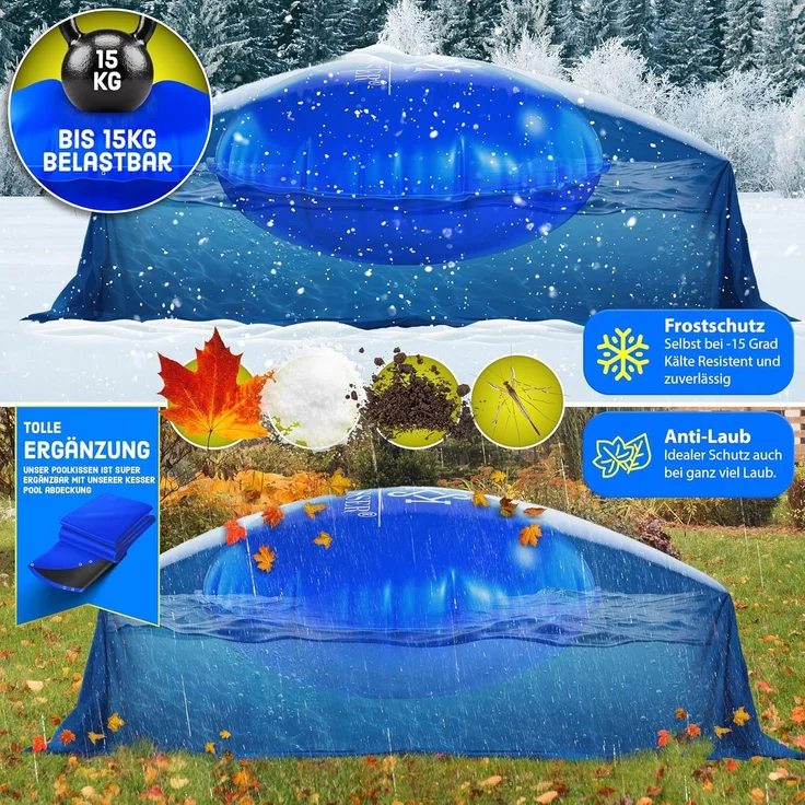 KESSER® Poolkissen Winter | Poolabdeckung mit Doppelnaht Whirpools | Luftkissen Pool Abdeckung Überwinterung | Abdeckung Einbaupools Winter | PVC wasserdicht & UV-beständig mit 4x Seile Blau, 400cm, Rund – Bild 5