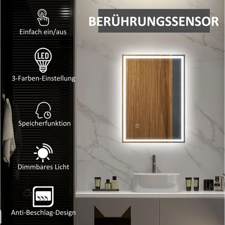 LED-Badezimmerspiegel mit Touch-Steuerung und Antibeschlagfunktion, 50x70x4 cm, Silber – Bild 5