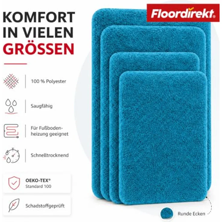 Floordirekt Badematte Sky, Hochflor Badezimmerteppich, weich, rutschhemmend, schnell trocknend, geeignet für Fußbodenheizung, eckig & rund (50 x 60 cm, Petrol) – Bild 5