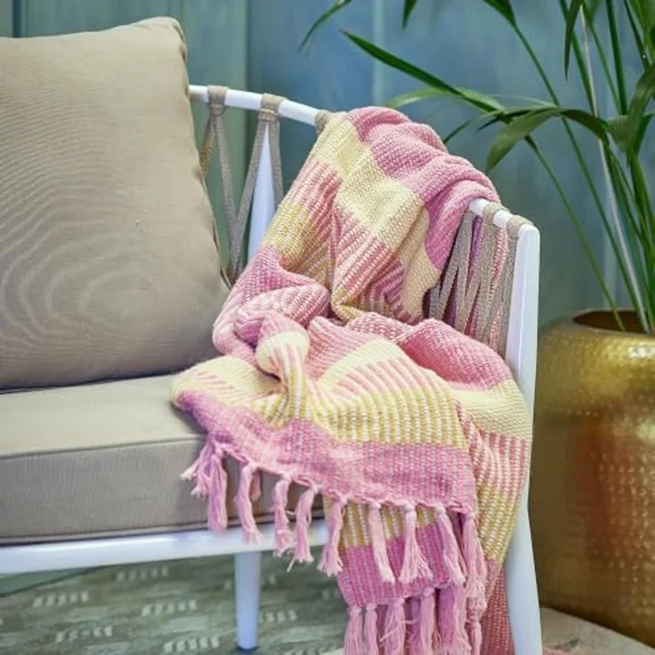 Wohndecke Bloomingville Decke ISNEL Pink Gelb Gestreift 160x130 cm, Bloomingville – Bild 3