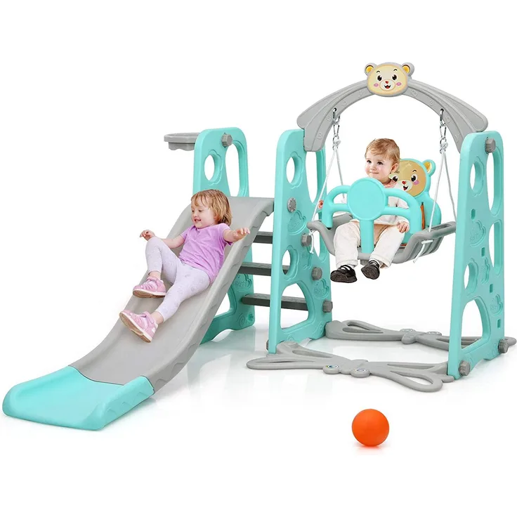 COSTWAY 4 in 1 Kinder Spielplatz, Kinder Rutsche Kletterleiter & Schaukel & Basketballkorb fuer Kinder, Schaukelgeruest, Kinderschaukel, Kinderrutsche fuer Outdoor und Indoor Gruen