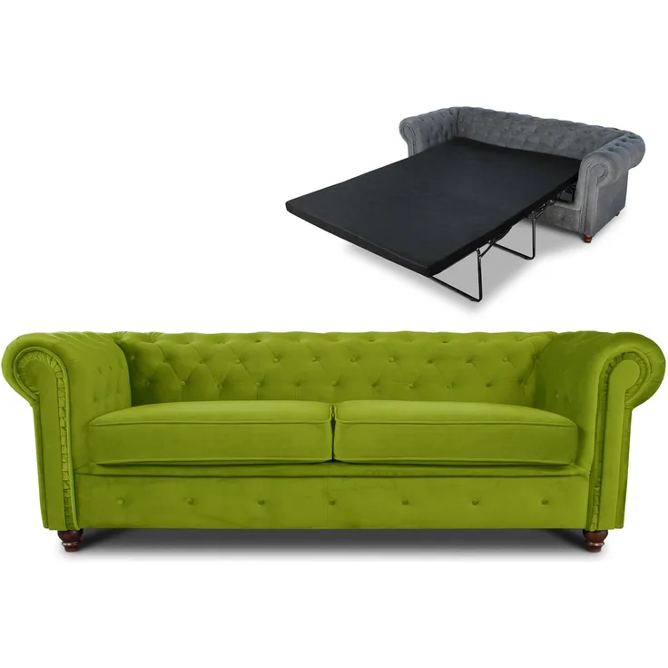 Schlafsofa Chesterfield Asti Bis 3-Sitzer, Sofa mit Schlaffunktion, Couch 3-er, Couchgarnitur, Sofagarnitur, Holzfüße - Glamour Design, Velours (Hellgrün (Velvet 75))