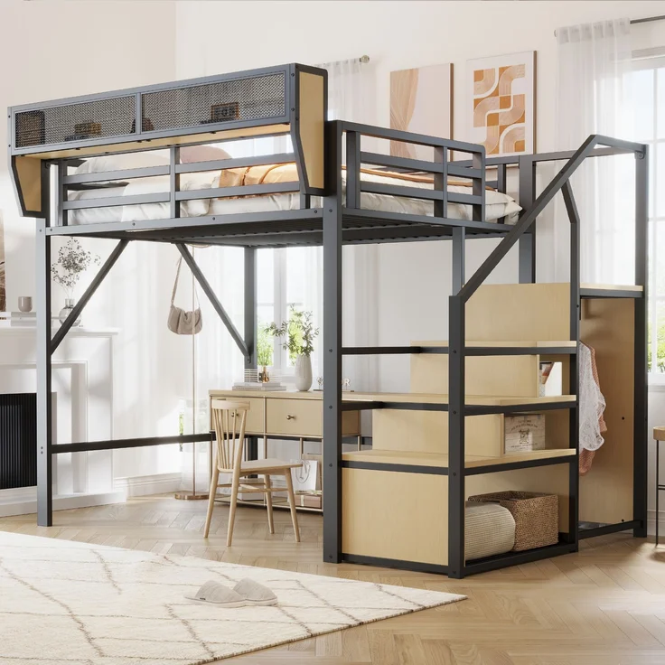 EINHOM Hochbett 140 x 200 cm mit Sicherheitsleiter und Flexiblem Staufach, Metallbett Erwachsenenbett Kinder-Etagenbett Schwarz (Ohne Matratze) – Bild 1