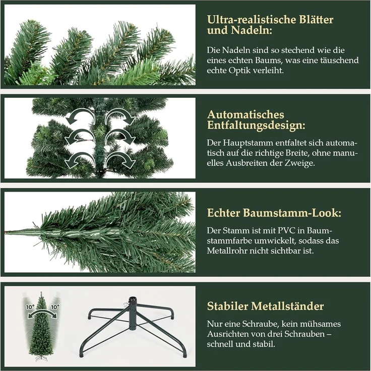 Salcar Künstlicher Weihnachtsbaum Bleistift Weihnachtsdeko Außen Künstlich Tannenbaum Schmal Christbaum, 180 cm mit 618 PVC Nadeln – Bild 6