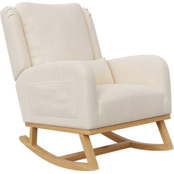 FUROKOY Schaukelstuhl Polster Relaxstuhl Leinen Schaukelsessel mit Holzsockel,2 Seitentaschen,1 Lendenkissen,Beige – Bild 4