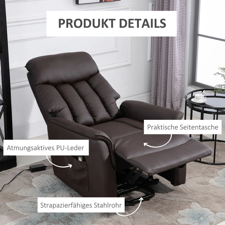 HOMCOM Elektrischer Aufstehsessel, Kunstleder, Schaumstoff, Braun, 80B x 94T x 104H cm – Bild 3