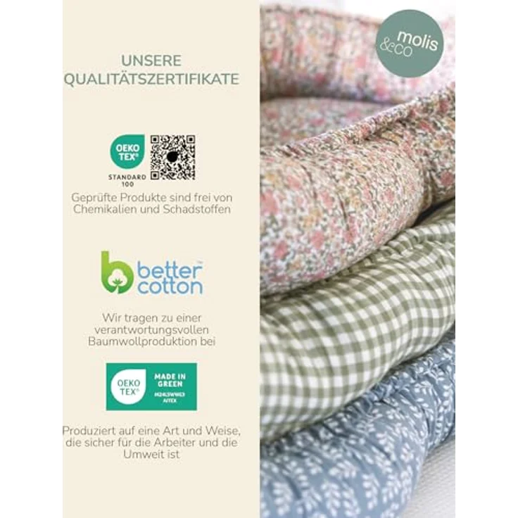 molis&co - Babynest - 100% Baumwolle (OEKO-TEX) - Babynestchen Neugeborene - Ideal als Reisebett, Kuschelnest Geeignet & Cradle Reducer - 90x50 cm - Blue Garden – Bild 7