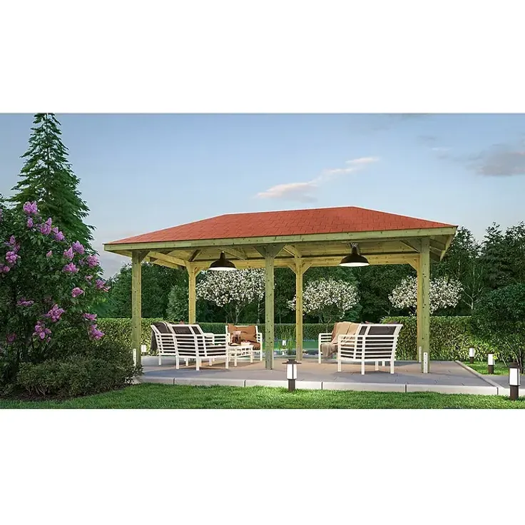 Weka Pavillon Gartenoase 651 B, 333 x 584 cm, Kiefernholz mit rotem Dachschindeldach