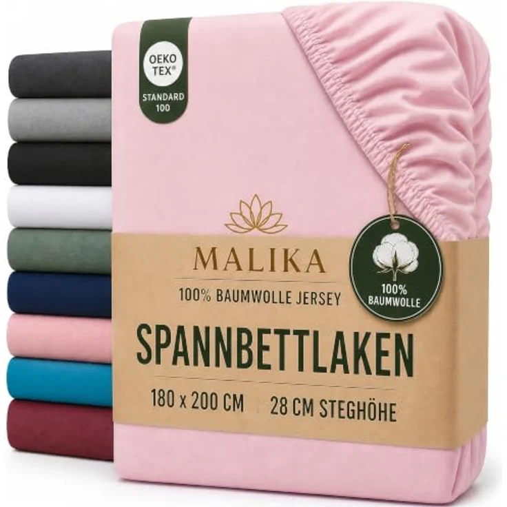 MALIKA® Spannbettlaken 180x200cm - 200x200cm, Baumwolle Jersey, Matratzenhöhe bis 28cm, Oeko-Tex zertifiziert, form- und farbbeständig – Bild 1
