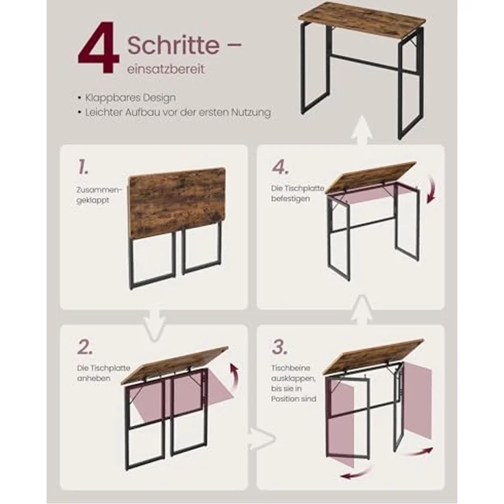 VASAGLE Klapptisch, Kleiner Schreibtisch klappbar, Computertisch, Tischplatte aus einem Stück, abgerundete Ecken, Tisch für Homeoffice, Schlafzimmer, 80x40 cm, vintagebraun LWD151KD01 – Bild 7