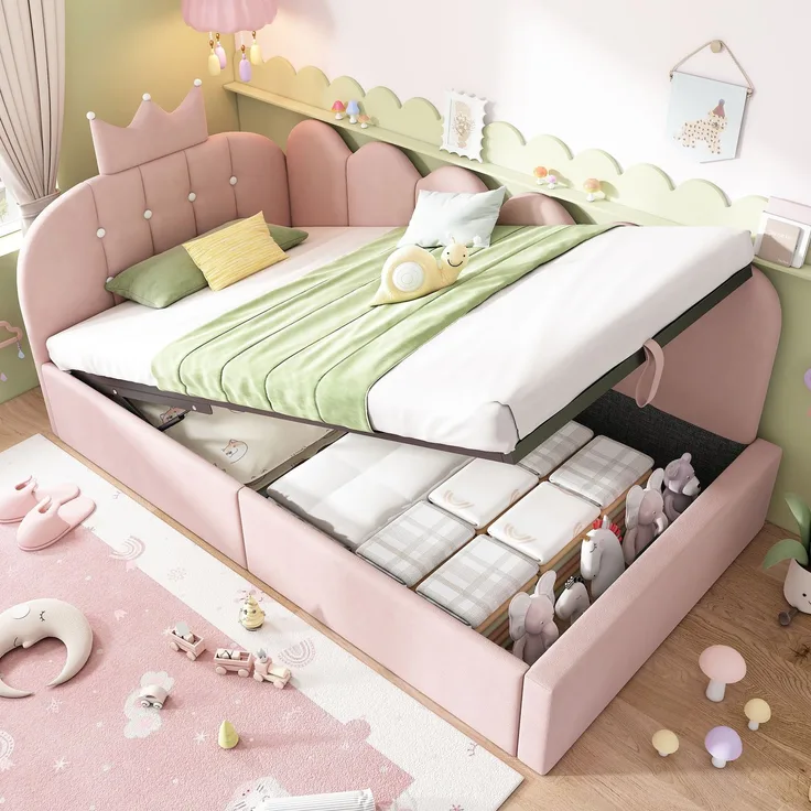 Merax Einzelbett 90x190 cm, Kinderbett, Polsterbett, Daybett, Tagesbett-Schlafsofa mit Stauraum (hydraulisch), Gästebett L-Form Samt, Rosa