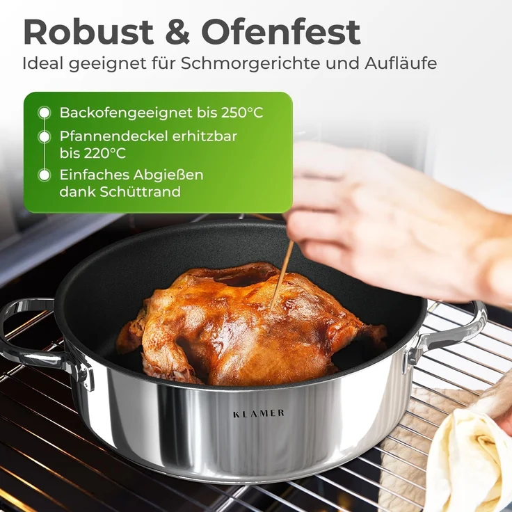 KLAMER Servierpfanne mit Deckel 28cm Induktion, antihaftbeschichteter Edelstahl Schmortopf…, Energiesparend, Güteglasdeckel, tropffrei abgießen – Bild 4