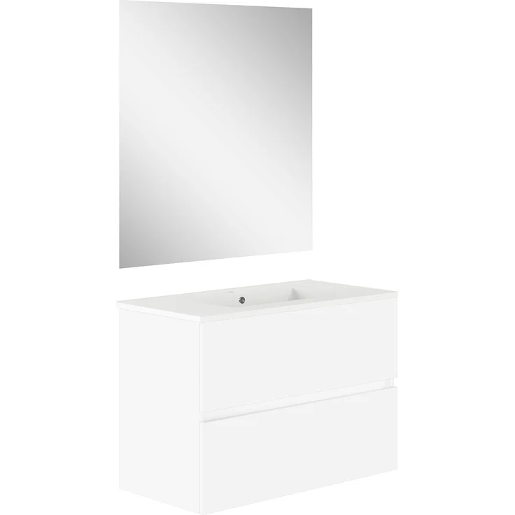 Baikal, Badezimmer-Set Natura mit reduziertem Boden, mit Keramikwaschbecken, Aufteilung mit Zwei Schubladen, montierter Möbel, Zwei Schubladen mit Spiegel, Tiefe 39 cm, 90 cm, Weiß