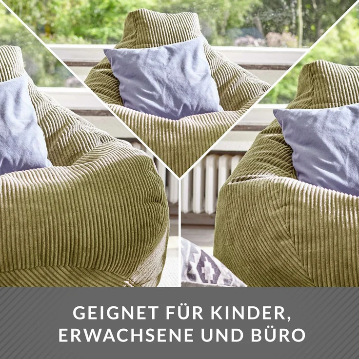 Green Bean® Sitzsack mit Rückenlehne 80x80x90cm - Gaming Chair mit 230L Füllung Cordstoff - Bean Bag Bodenkissen Lounge Sitzhocker Relax-Sessel Gamer Gamingstuhl Grün – Bild 3