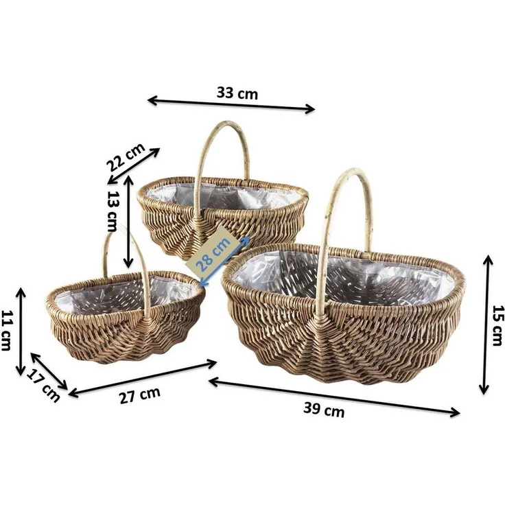 Kobolo Dekokorb Weidenkörbe mit Griff mit Folie ausgeschlagen S/3 (3 Stück)
