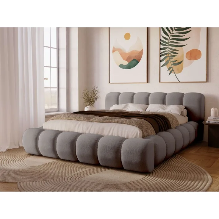 GRAINGOLD Doria Doppelbett 140x200, mit Kopfteil, Lattenrost, Bettkasten, Velour-Stoff, Grau