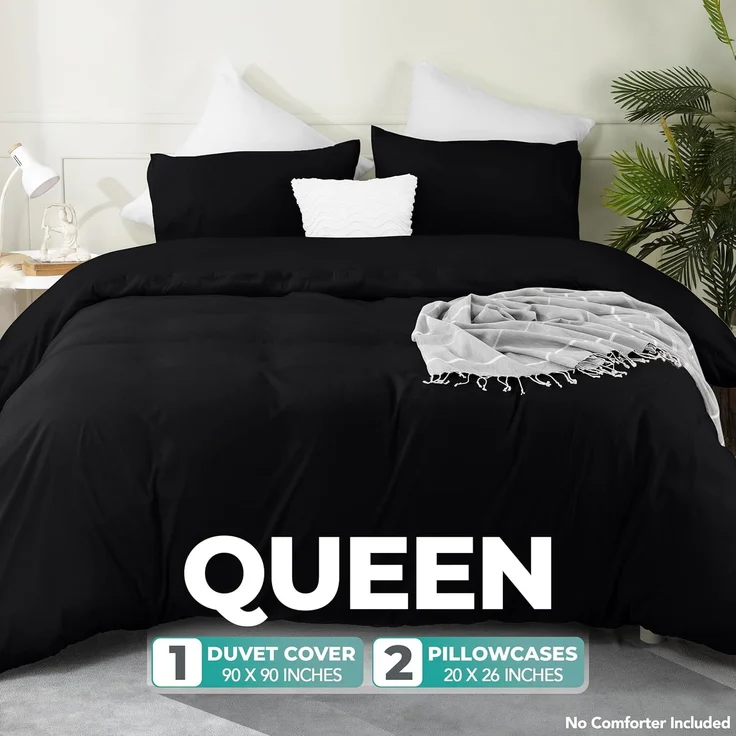 Utopia Bedding Bettbezug-Set mit Kissenbezügen – 3-teiliges Bettbezug-Set mit Reißverschluss – 1 Bettbezug mit 2 Kissenbezügen – Weiches, gebürstetes Mikrofaser (Queen, Schwarz) – Bild 2