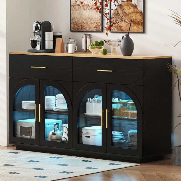 Sideboard 147 x 40 x 86 cm aus MDF und Spanplatte, mit LED-Beleuchtung, Schwarz und Natur – Bild 1