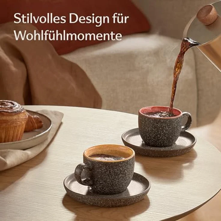 Cosumy Cappuccinotasse Espressotassen mit Untertassen 4er Set - 90 ml Keramik bunt, 8-tlg, Keramik, Warm – Bild 3