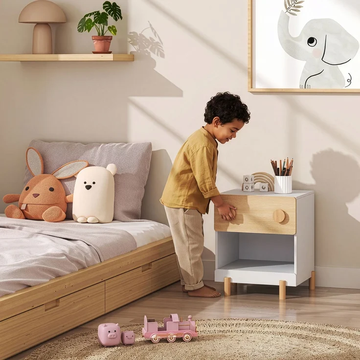 Kindernachttisch Vaarentaa mit Schublade und Ablagefach 47 x 40 x 35 cm Weiß/Eicheoptik [en. casa] – Bild 3