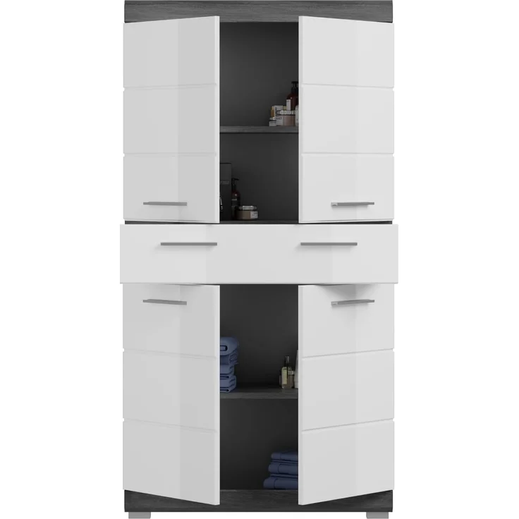 Badezimmer Midischrank Shawn in weiß Hochglanz und Rauchsilber grau 74 x 141 cm – Bild 8