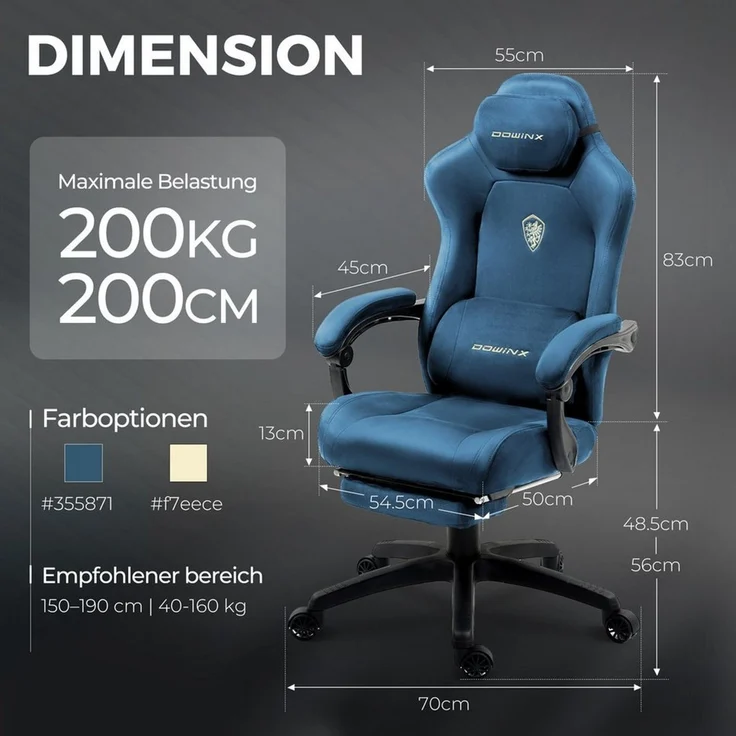 Dowinx Gaming-Stuhl Atmungsaktiver und Ergonomischer Bürostuhl aus Mikrofaser-Velours (Packung), Weiches Sitzgefühl, Verstellbarer Schreibtischstuhl mit Fußstütze – Bild 1