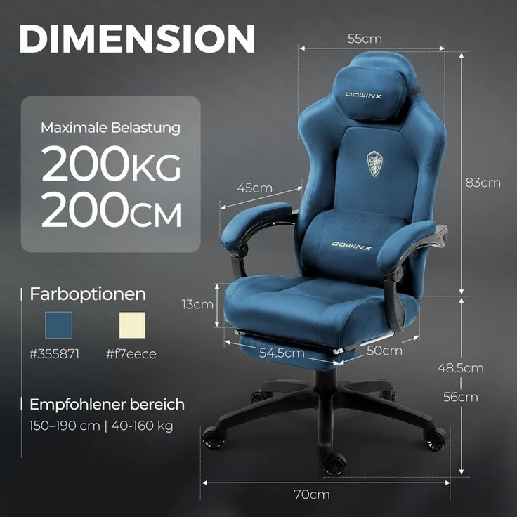 Dowinx Gaming-Stuhl Atmungsaktiver und Ergonomischer Bürostuhl aus Mikrofaser-Velours (Packung), Weiches Sitzgefühl, Verstellbarer Schreibtischstuhl mit Fußstütze