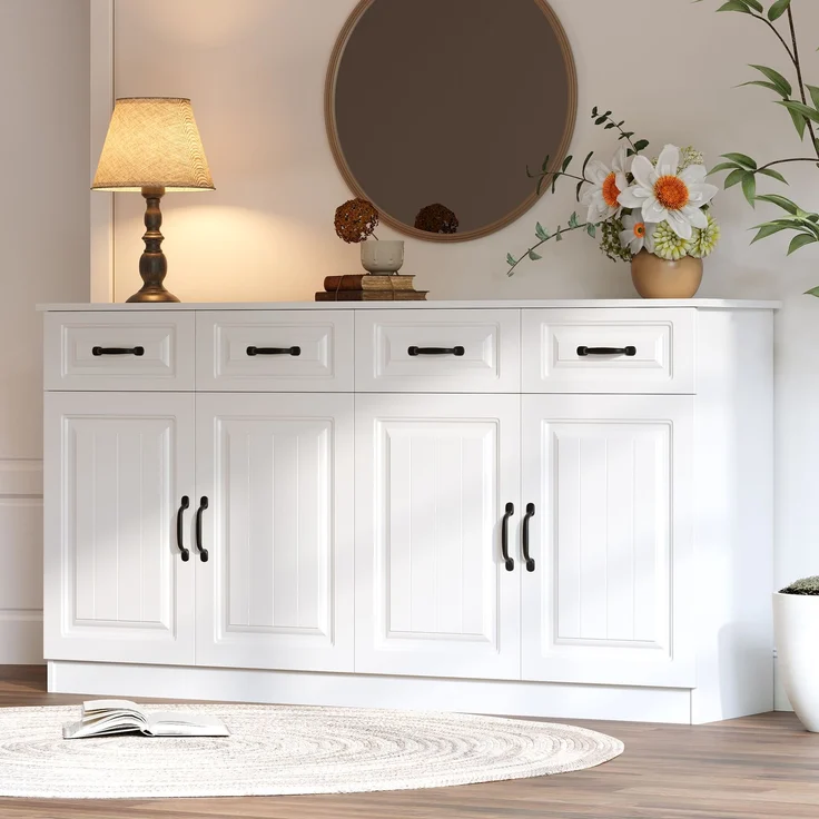 Merax 160cm Weißes Sideboard, Kommode aus MDF mit 4 Schubladen und 4 Türen, 2 Ablageflächen, geriffeltem Design und 8 Metallgriffen – Bild 3