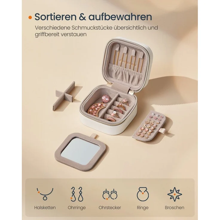 SONGMICS HOME ANAH Kollektion - Schmuckkästchen Reise, Schmuckkasten klein Schmuckaufbewahrung mit Spiegel, PU mit Nähten, Reißverschluss, Geschenkidee, wolkenweiß – Bild 2