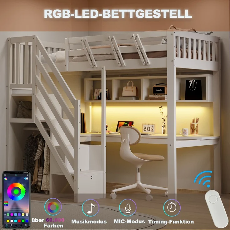 EINHOM Massivholzbett 90 x 200 cm mit Stauraum, Holz, Treppe mit Aufbewahrungsschrank, mit einem Schreibtisch, mit USB-Steckdose und mit LED-Licht Kinderbett, Jugendbett, Einzelbett, Massivholzrahmen, Hohe Ausführung, Weiß (Ohne Matratze) – Bild 4