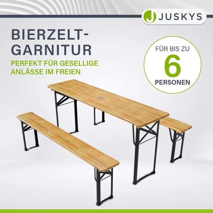 Juskys 'Bichl' Bierzeltgarnitur 3-teilig, klappbar, Holz / Metall natur, 170 x 46 x 77 cm – Bild 3
