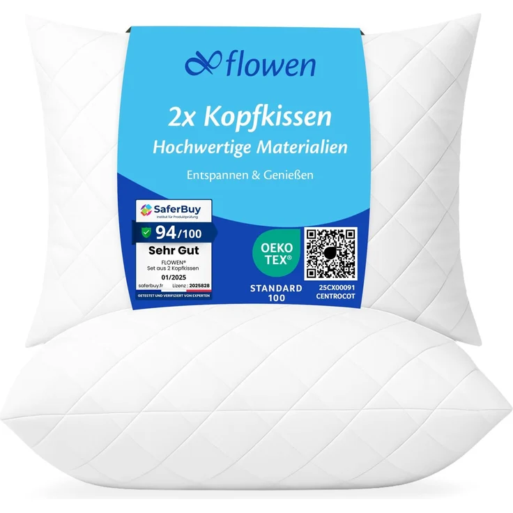 Flowen Kopfkissen 40x80 cm Kissen für Bett 40x80 2er Set Bettkissen Hypoallergene Anti-Milben Weiche Kissenfüllung mit Weicher Gesteppter Kopfkissenbezug 100% Polyester Schlafkissen