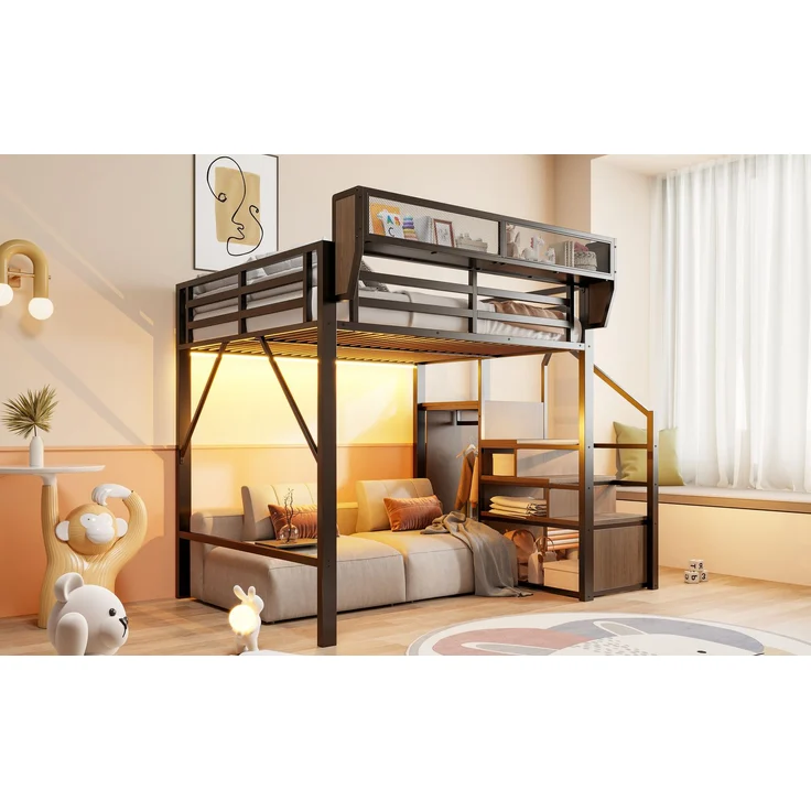 ZUBALIYA Hochbett 140 × 200 cm, Metall, LED-Beleuchtung, Leiter, Schwarz – Bild 12