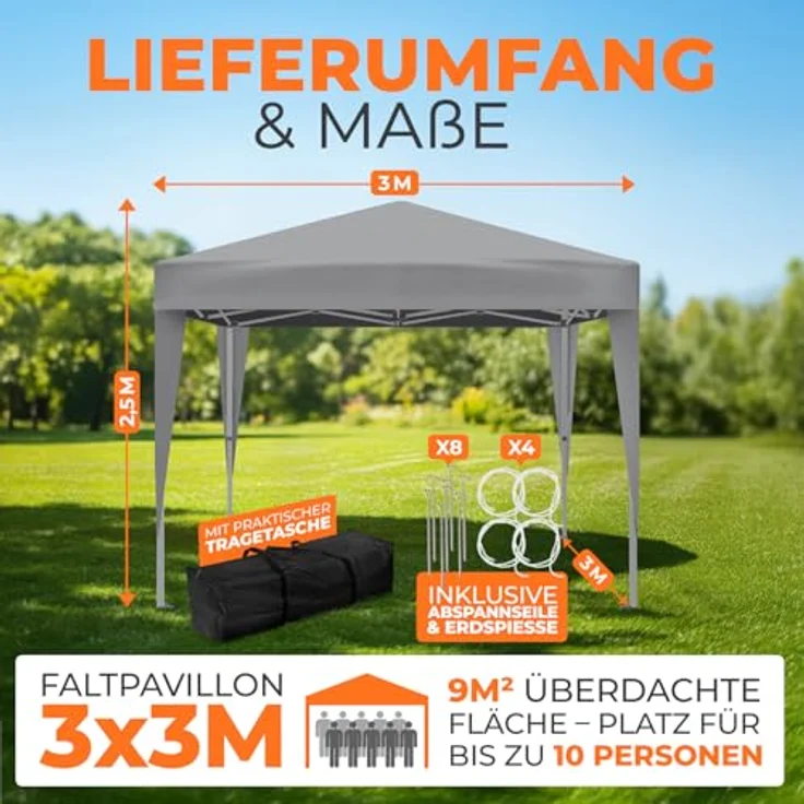 Kronenburg Faltpavillon wasserdicht Dachmaß 3x3 m UV Schutz 50+ Pavillon in Grau – Bild 3