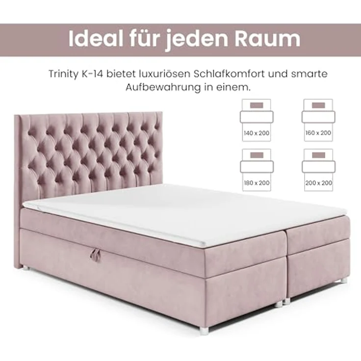 Best For Home Boxbett Trinity K-14, Rosa, 200x200 cm, Boxspringbett mit Bettkasten und 18 cm Matratzenhöhe – Bild 2