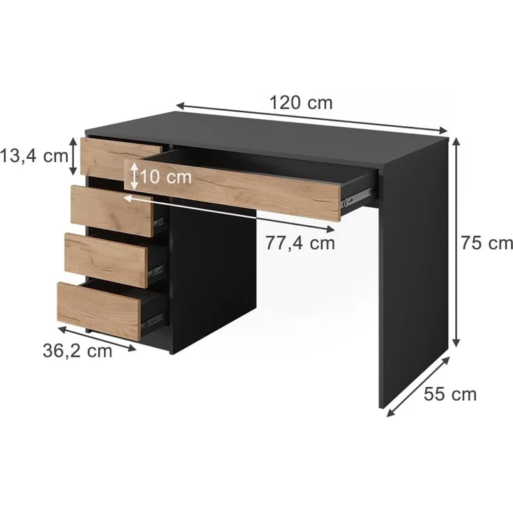 Schreibtisch Sherry Anthrazit/Goldkraft Eiche 55 x 120 cm mit Schubladen Vicco – Bild 3