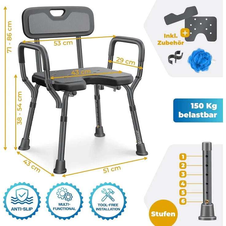 KESSER® Duschhocker mit Lehne höhenverstellbar in 6 Stufen 38-54cm | Badhocker 150KG belastbar Duschstuhl Anti-Rutsch Füße & Matten | Duschhilfe Senioren & Schwangere Duschsitz mit Brausehalterung Anthrazit – Bild 7