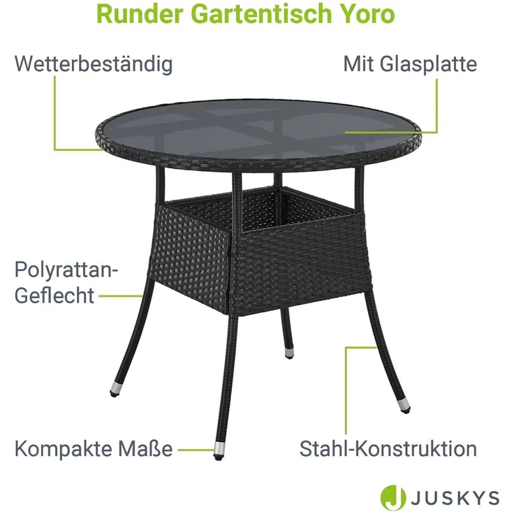 Juskys 'Yoro' Gartentisch mit Glasplatte, Polyrattan schwarz, Ø80cm – Bild 2