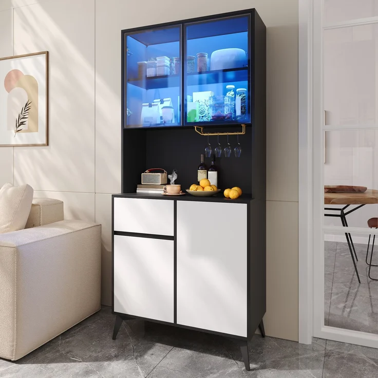 U-life Hochschrank, fürs Wohnzimmer, Vitrine, Anrichte, Sideboard, Esszimmerschrank, MDF, Schwarz – Bild 5
