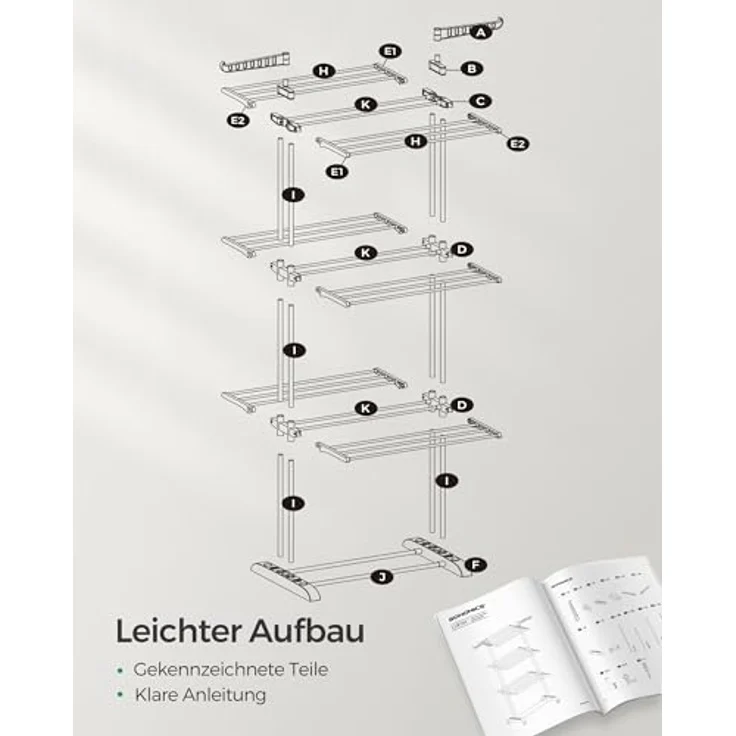 SONGMICS Wäscheständer, Standtrockner 4 Ebenen, Flügelwäscheständer, klappbare Flügel, mit Rollen, 63,5 x 128 x 173 cm, groß, einfacher Aufbau, Taubengrau LLR701G01 – Bild 8