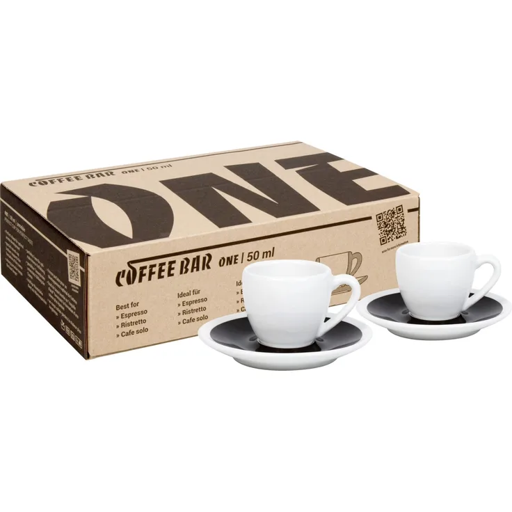 KÖNITZ 2er Set Coffee Bar ONE Espressotasse mit Untertasse 50 ml Black & White im Geschenkkarton