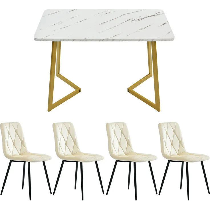 Essgruppe 5-teilig mit Marmoroptik Tisch 117×68 cm & 4 Beige Leinenstühlen,Esszimmer-Set für Küche und Wohnzimmer – Bild 3