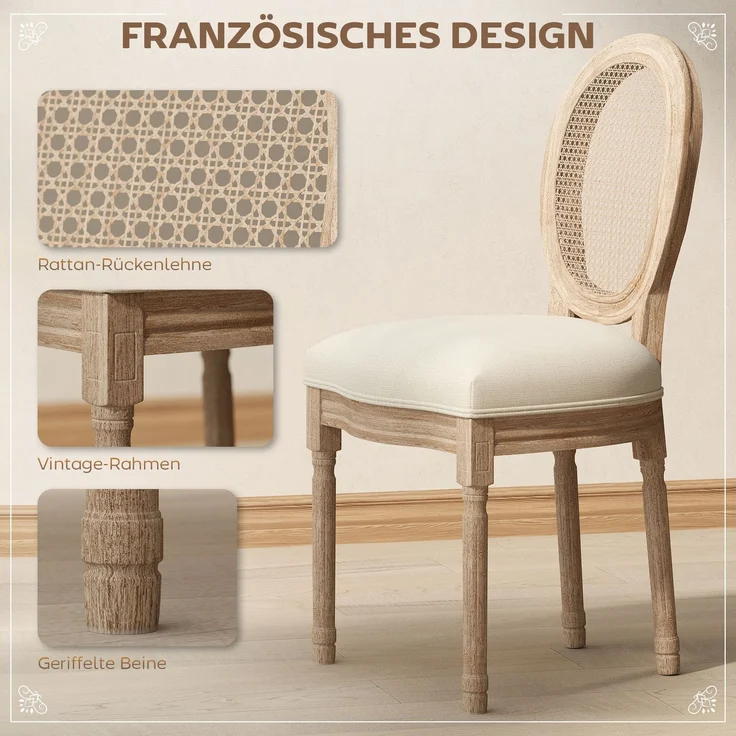 MELAYR, 2er-Set Esszimmerstühle, Wienergeflecht, Massivholz, 49 cm x 56 cm x 96 cm, Cremeweiß +Natur – Bild 6