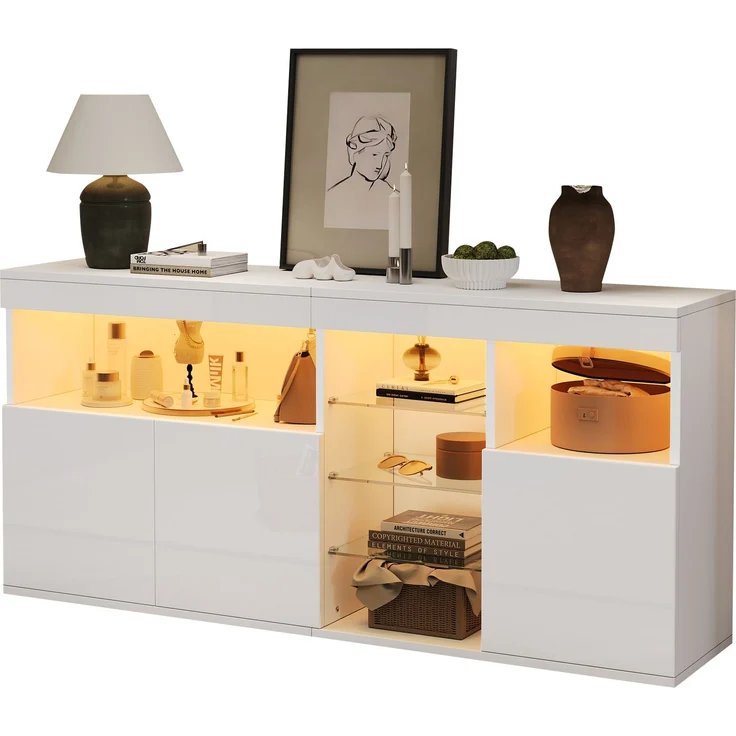 DESVIAE Sideboard mit LED-Beleuchtung und 3 Türen 155,5x72x35 cm Spanplatte Weiß – Bild 7