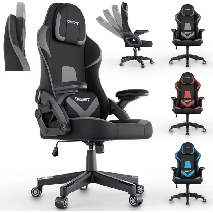Onbest Gaming-Stuhl ergonomisch mit Lordosenkissen bis 150kg, 360°, verstellbare Armlehnen Kopfstütze Rückenlehne – Bild 2