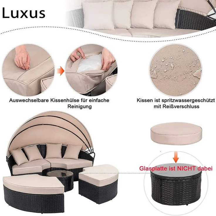 Polyrattan Sonneninsel 180cm Gartenmuschel Sonnenliege Loungebett schwarz/creme