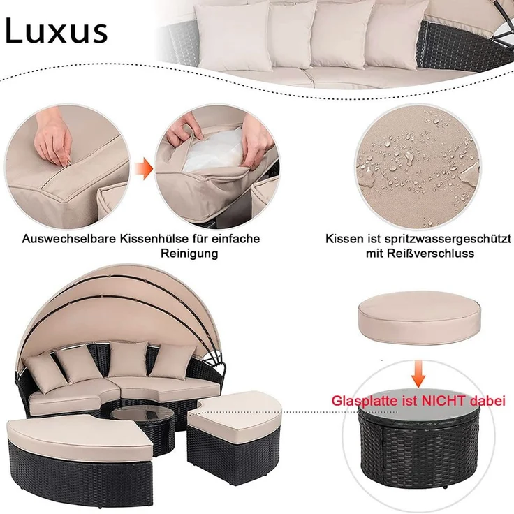 Polyrattan Sonneninsel 180cm Gartenmuschel Sonnenliege Loungebett schwarz/creme – Bild 1