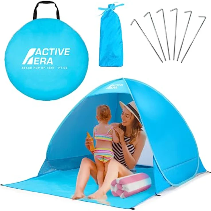 Active Era Pop Up Strandmuschel mit UV Schutz, UPF 50+ Strandzelt, Windschutz Strand, Zelt für 2-3 Personen inkl. Tragetasche und Heringe - Blau – Bild 1